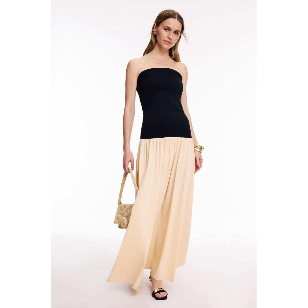 Malene Birger Marciella Maxi Dress Black Cream Strapless Jersey Poplin Sz XS